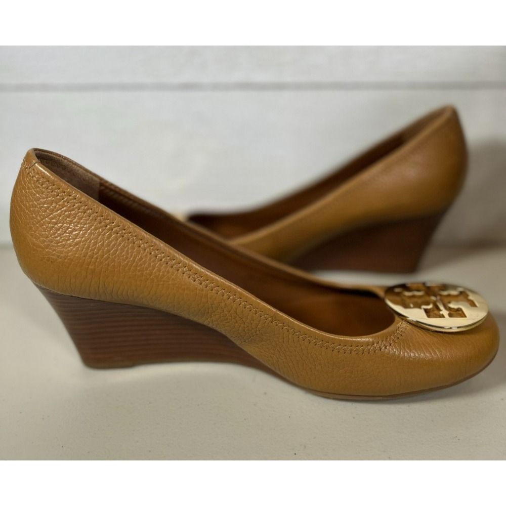 Tory Burch Peep Toe Sally Wedge Heels Pumps Gold Tan Size 9.5 M